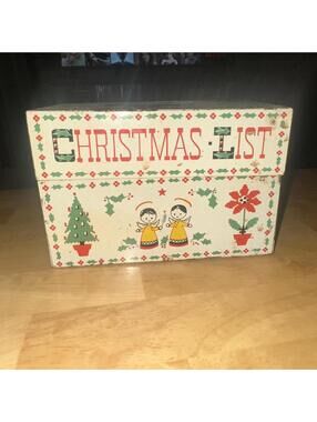 Stylecraft Vintage Tin Metal Recipe Box Christmas List w/ Needlepoint Design 822